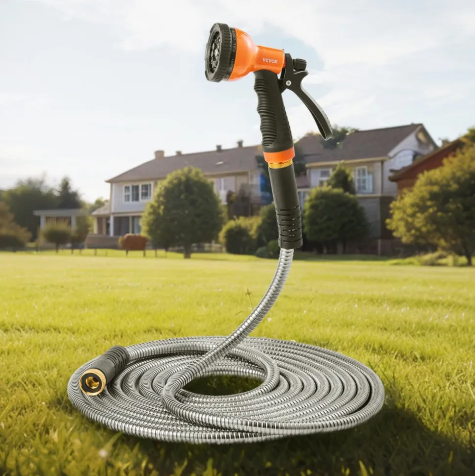 VEVOR Metal Garden Hose 25 ft, Rust Proof Stainless Steel Water Hose, Heavy Duty Backyard Hose with 10 Function Nozzle, No-Kink & Flexible Water Pipe, Lightweight Metal Hose for Yard, Outdoor