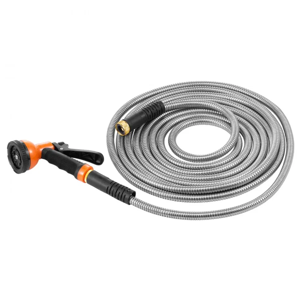 VEVOR Metal Garden Hose 25 ft, Rust Proof Stainless Steel Water Hose, Heavy Duty Backyard Hose with 10 Function Nozzle, No-Kink & Flexible Water Pipe, Lightweight Metal Hose for Yard, Outdoor