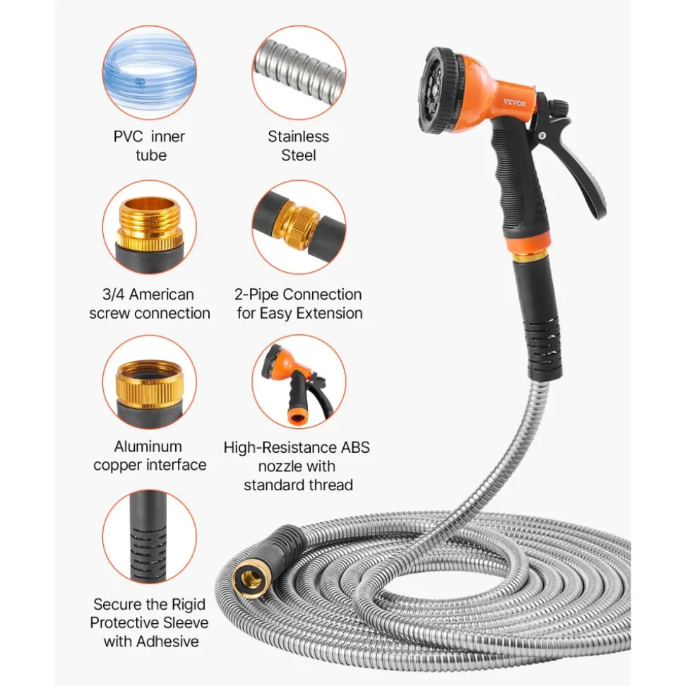 VEVOR Metal Garden Hose 25 ft, Rust Proof Stainless Steel Water Hose, Heavy Duty Backyard Hose with 10 Function Nozzle, No-Kink & Flexible Water Pipe, Lightweight Metal Hose for Yard, Outdoor