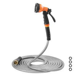 VEVOR Metal Garden Hose 25 ft, Rust Proof Stainless Steel Water Hose, Heavy Duty Backyard Hose with 10 Function Nozzle, No-Kink & Flexible Water Pipe, Lightweight Metal Hose for Yard, Outdoor