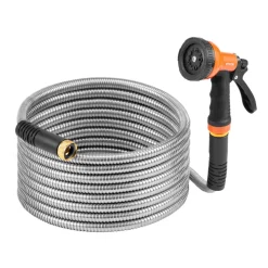 VEVOR Metal Garden Hose 25 ft, Rust Proof Stainless Steel Water Hose, Heavy Duty Backyard Hose with 10 Function Nozzle, No-Kink & Flexible Water Pipe, Lightweight Metal Hose for Yard, Outdoor