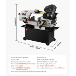 VEVOR Metal Horizontal Band Saw, 7 x 12 in Rectangular Cutting Capacity, 110/220V Metal Vertical Cutting Bandsaw with 1.1 kW Motor, 0-45° Angle Adjustment, Variable Speed, for Metal, Wood, and Plastic