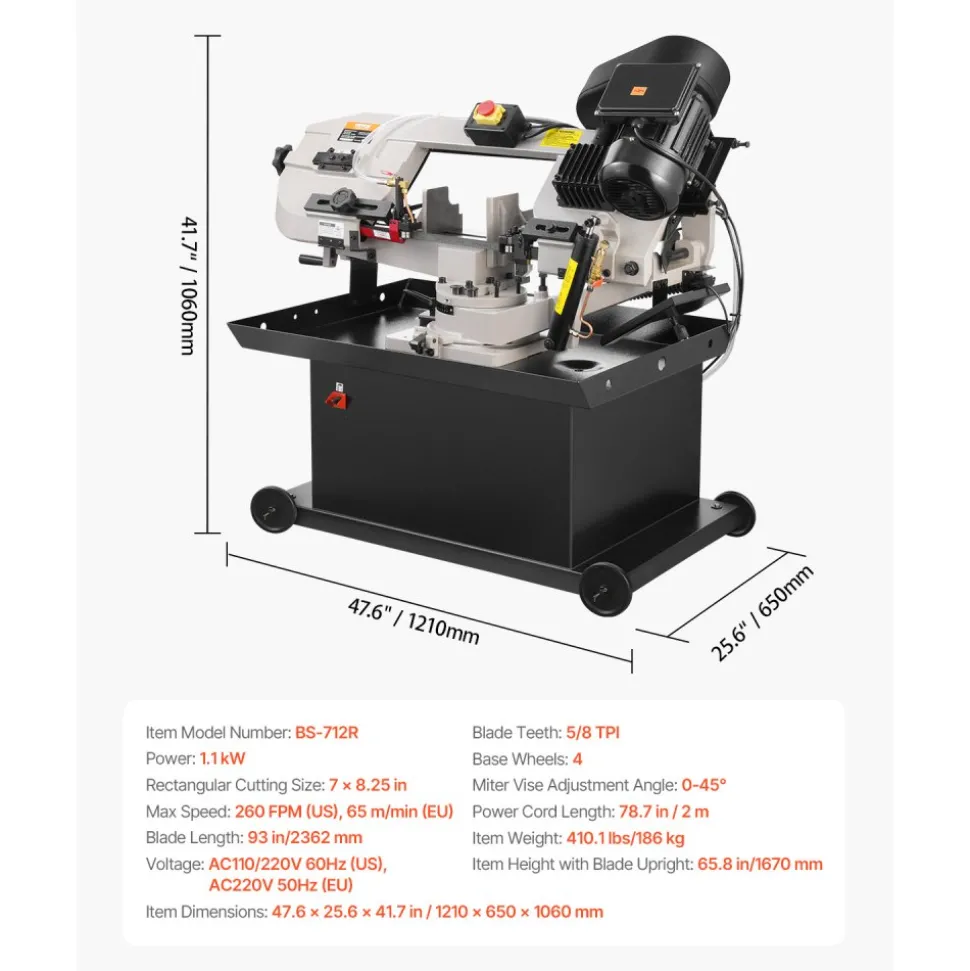 VEVOR Metal Horizontal Band Saw, 7 x 8.25 in Rectangular Cutting Capacity, 110/220V Vertical Cutting Bandsaw with 1.1 kW Motor, 0-45° Angle Adjustment, Variable Speed, for Metal, Wood, and Plastic