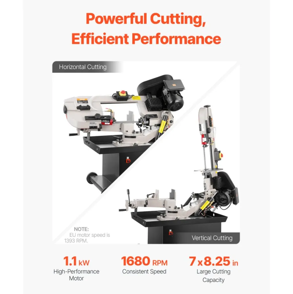 VEVOR Metal Horizontal Band Saw, 7 x 8.25 in Rectangular Cutting Capacity, 110/220V Vertical Cutting Bandsaw with 1.1 kW Motor, 0-45° Angle Adjustment, Variable Speed, for Metal, Wood, and Plastic