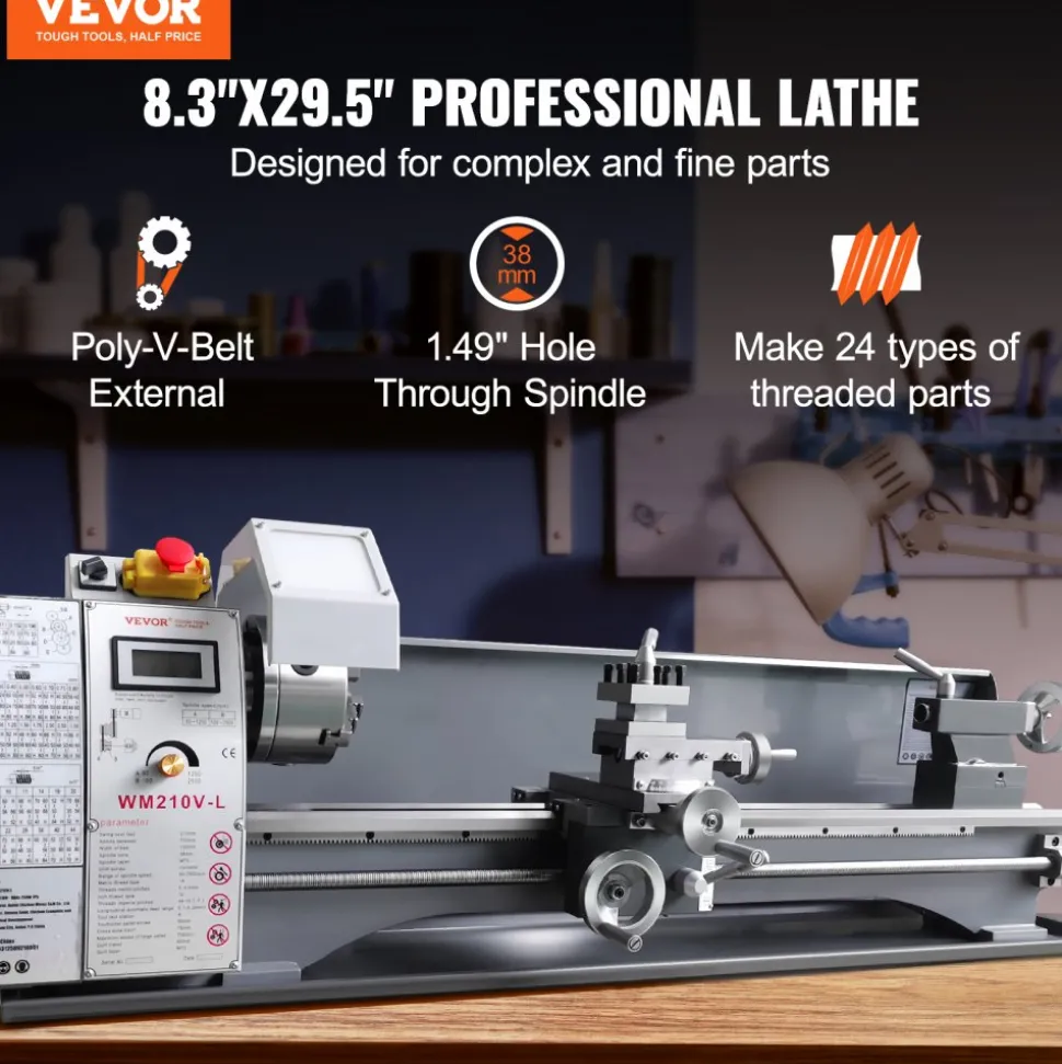 VEVOR Metal Lathe Machine, 211 mm x 750 mm, Precision Benchtop Power Metal Lathe, 0-2500 RPM Continuously Variable Speed, 750W Brushless Motor Metal Gears, with Tool Box for Processing Precision Parts