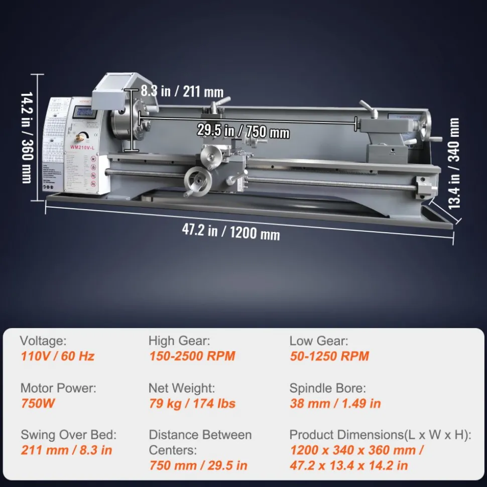 VEVOR Metal Lathe Machine, 211 mm x 750 mm, Precision Benchtop Power Metal Lathe, 0-2500 RPM Continuously Variable Speed, 750W Brushless Motor Metal Gears, with Tool Box for Processing Precision Parts