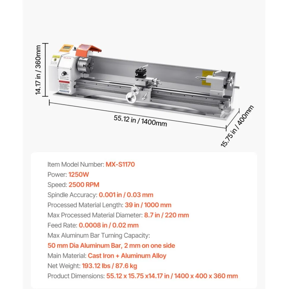 VEVOR Metal Lathe Machine, 8.7 x 39 in, Precision Bench Power Metal Lathe, Automatic Feed, 0-2500 RPM Variable Speed, 1250W Brushless Motor, for Processing Precision Parts Soft Metals Wood Plastics