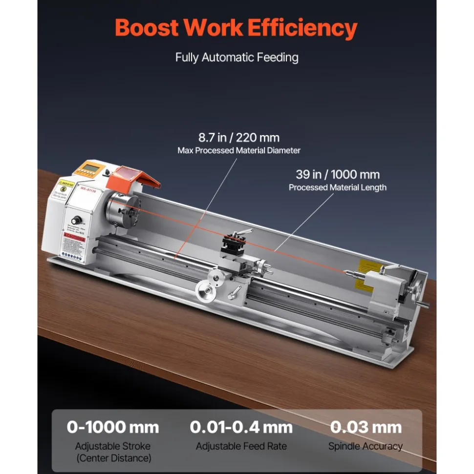 VEVOR Metal Lathe Machine, 8.7 x 39 in, Precision Bench Power Metal Lathe, Automatic Feed, 0-2500 RPM Variable Speed, 1250W Brushless Motor, for Processing Precision Parts Soft Metals Wood Plastics