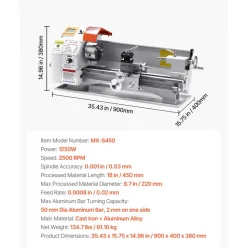 VEVOR Metal Lathe Machine, 8.7 x 18 in, Precision Bench Power Metal Lathe, Automatic Feed, 0-2500 RPM Variable Speed, 1250W Brushless Motor, for Processing Precision Parts Soft Metals Wood Plastics