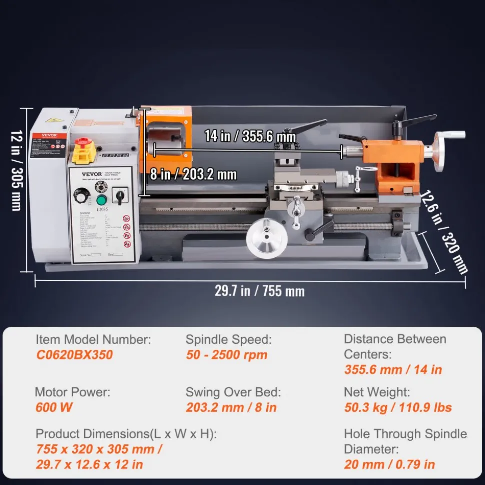 VEVOR Metal Lathe Machine, 7.87'' x 13.78'', Precision Benchtop Power Metal Lathe,, 50-2500 RPM Continuously Variable Speed, 600W Brush Motor Metal Gears, with Tool Box for Processing Precision Parts