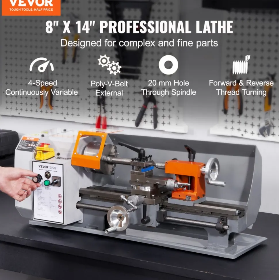 VEVOR Metal Lathe Machine, 7.87'' x 13.78'', Precision Benchtop Power Metal Lathe,, 50-2500 RPM Continuously Variable Speed, 600W Brush Motor Metal Gears, with Tool Box for Processing Precision Parts