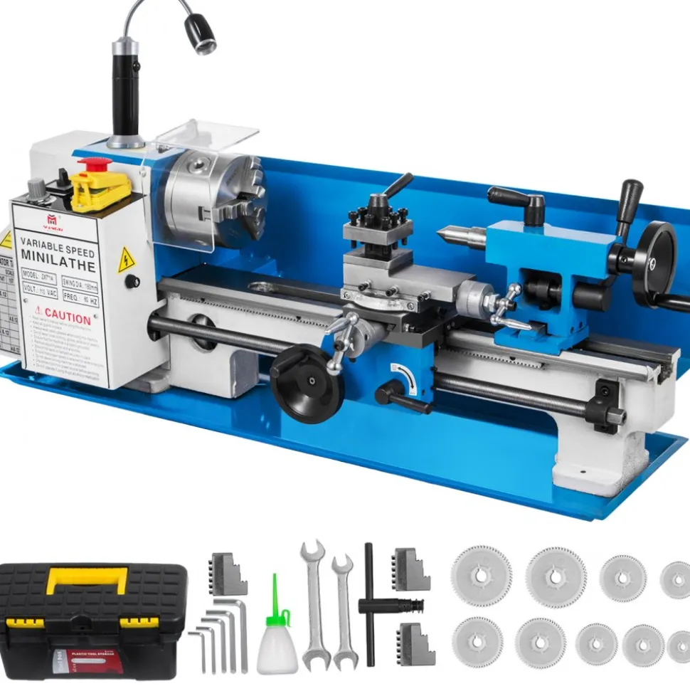VEVOR Metal Lathe 7x14inch Precision Bench Top Mini Metal Lathe 550W Precision Metal Lathe Variable Speed 50-2500 RPM Nylon Gear with A Movable Lamp