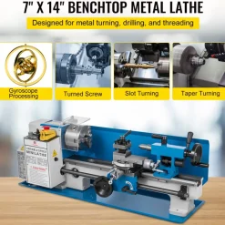 VEVOR Metal Lathe 7x14inch Precision Bench Top Mini Metal Lathe 550W Precision Metal Lathe Variable Speed 50-2500 RPM Nylon Gear with A Movable Lamp