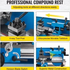 VEVOR Metal Lathe 7x14inch Precision Bench Top Mini Metal Lathe 550W Precision Metal Lathe Variable Speed 50-2500 RPM Nylon Gear with A Movable Lamp