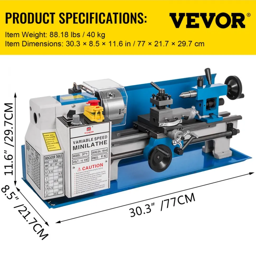 VEVOR Metal Lathe 7x14inch Precision Bench Top Mini Metal Lathe 550W Precision Metal Lathe Variable Speed 50-2500 RPM Nylon Gear with A Movable Lamp