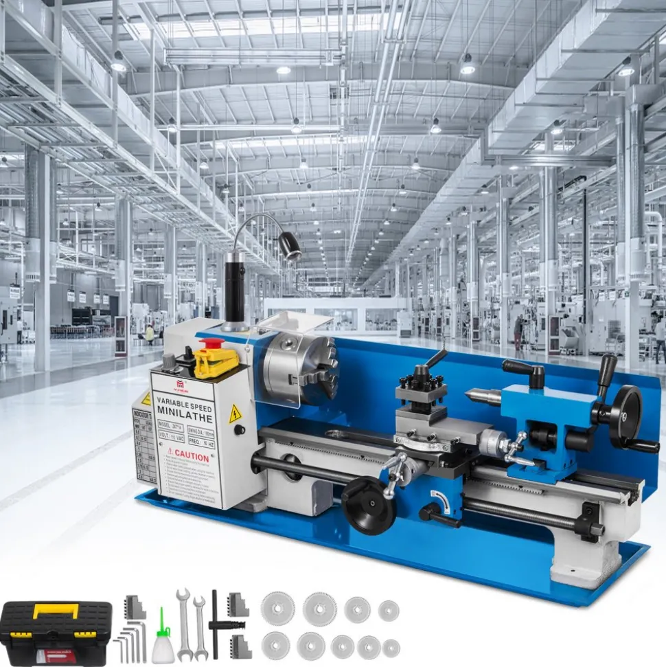VEVOR Metal Lathe 7x14inch Precision Bench Top Mini Metal Lathe 550W Precision Metal Lathe Variable Speed 50-2500 RPM Nylon Gear with A Movable Lamp
