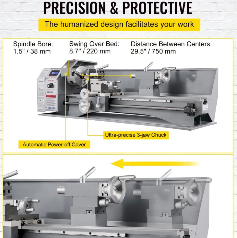 VEVOR Metal Lathe 8.7 x 29.5 Inch/220 x 750MM Mini Metal Lathe 1.1KW Infinitely Variable Speed Mini Lathe Machine LED Screen for Counter Face Turning Driling