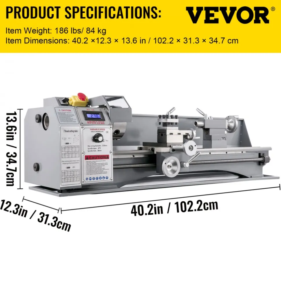 VEVOR Metal Lathe 8.7 x 29.5 Inch/220 x 750MM Mini Metal Lathe 1.1KW Infinitely Variable Speed Mini Lathe Machine LED Screen for Counter Face Turning Driling