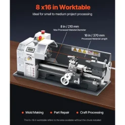 VEVOR Metal Lathe, 8 x 16 in, 550W Benchtop Lathe Machine, 0-2500 RPM Variable Speed, with 0.0003 in Spindle Accuracy Metal Gear, for Processing Precision Parts Imperial/Metric Thread Soft Metals Wood