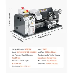 VEVOR Metal Lathe, 8 x 16 in, 550W Benchtop Lathe Machine, 0-2500 RPM Variable Speed, with 0.0003 in Spindle Accuracy Metal Gear, for Processing Precision Parts Imperial/Metric Thread Soft Metals Wood