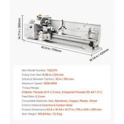 VEVOR Metal Lathe 8.7 x 30 in 1100W Benchtop Lathe Machine Variable Speed, 3000 RPM Max Spindle Speed, with Metal Gear, Brushless Motor, 8 Metric 8 Imperial Threads, for Metalworking Threading Turning