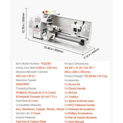 VEVOR Metal Lathe 8 x 16 in 650W Benchtop Lathe Machine Variable Speed, 2500 RPM Max Speed with Metal Gear, Reversible Direction, 14 Metric 10 Imperial Threads, for Precision Metalworking Turning