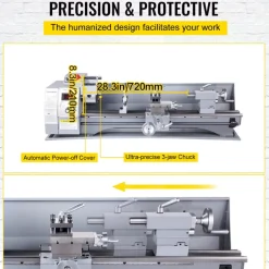 VEVOR Metal Lathe, 210x720 Mini Lathe Machine, 2500 RPM Variable Speed Change, 750W Precision Mini Lathe, Metal Working Lathe with Brushless Motor, Milling Machine for Various Metal Turning