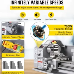 VEVOR Metal Lathe, 210x720 Mini Lathe Machine, 2500 RPM Variable Speed Change, 750W Precision Mini Lathe, Metal Working Lathe with Brushless Motor, Milling Machine for Various Metal Turning