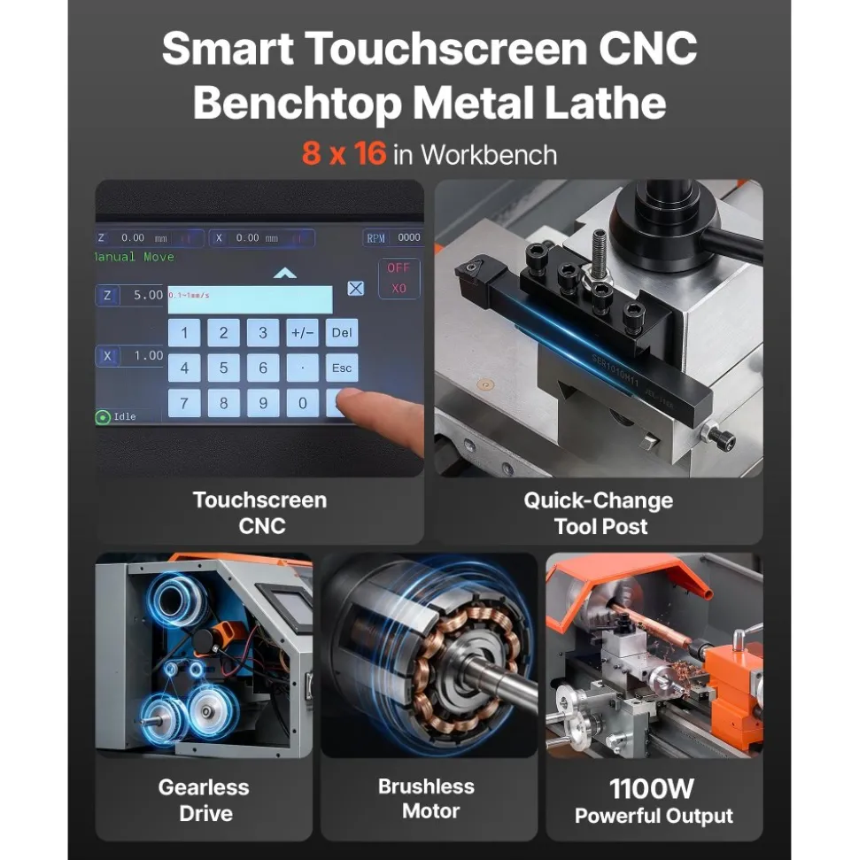 VEVOR Metal Lathe 8"x16" 1100W Benchtop CNC Metal Lathe Touchscreen Control, for Fully Automatic Metalworking Turning, Quick-Change Tool Post, Electronic Leadscrew Drive, Variable Speed 2500 RPM Max