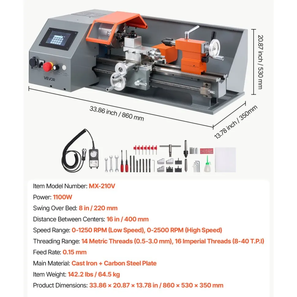 VEVOR Metal Lathe 8"x16" 1100W Benchtop CNC Metal Lathe Touchscreen Control, for Fully Automatic Metalworking Turning, Quick-Change Tool Post, Electronic Leadscrew Drive, Variable Speed 2500 RPM Max