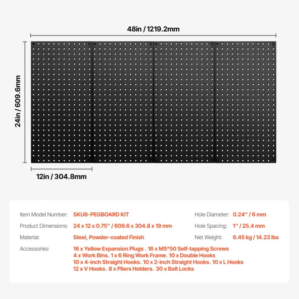 VEVOR Metal Pegboard Panels, 24" x 12" Pegboard, 4 Panels, Heavy Duty Peg Board Wall Organizer with Accessories, for Living Room Garage Tool Storage Office Organization Craft Room Kitchen Home, Black