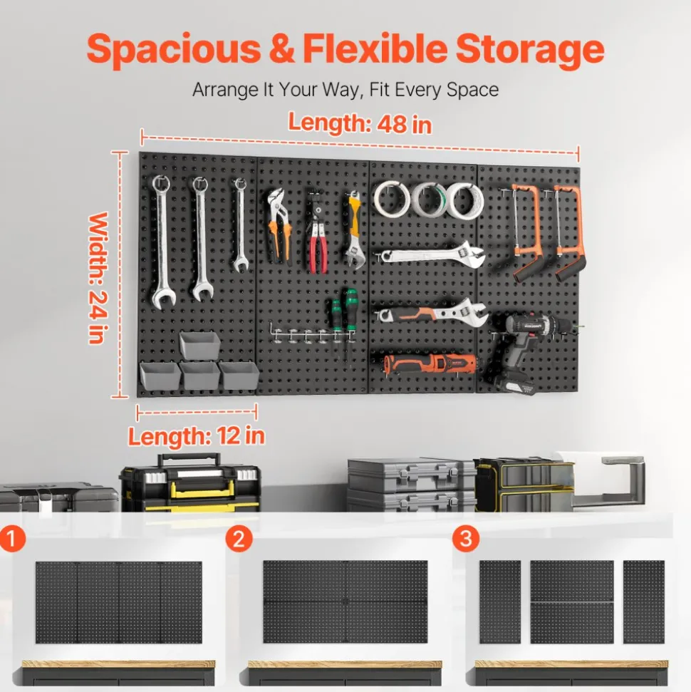 VEVOR Metal Pegboard Panels, 24" x 12" Pegboard, 4 Panels, Heavy Duty Peg Board Wall Organizer with Accessories, for Living Room Garage Tool Storage Office Organization Craft Room Kitchen Home, Black