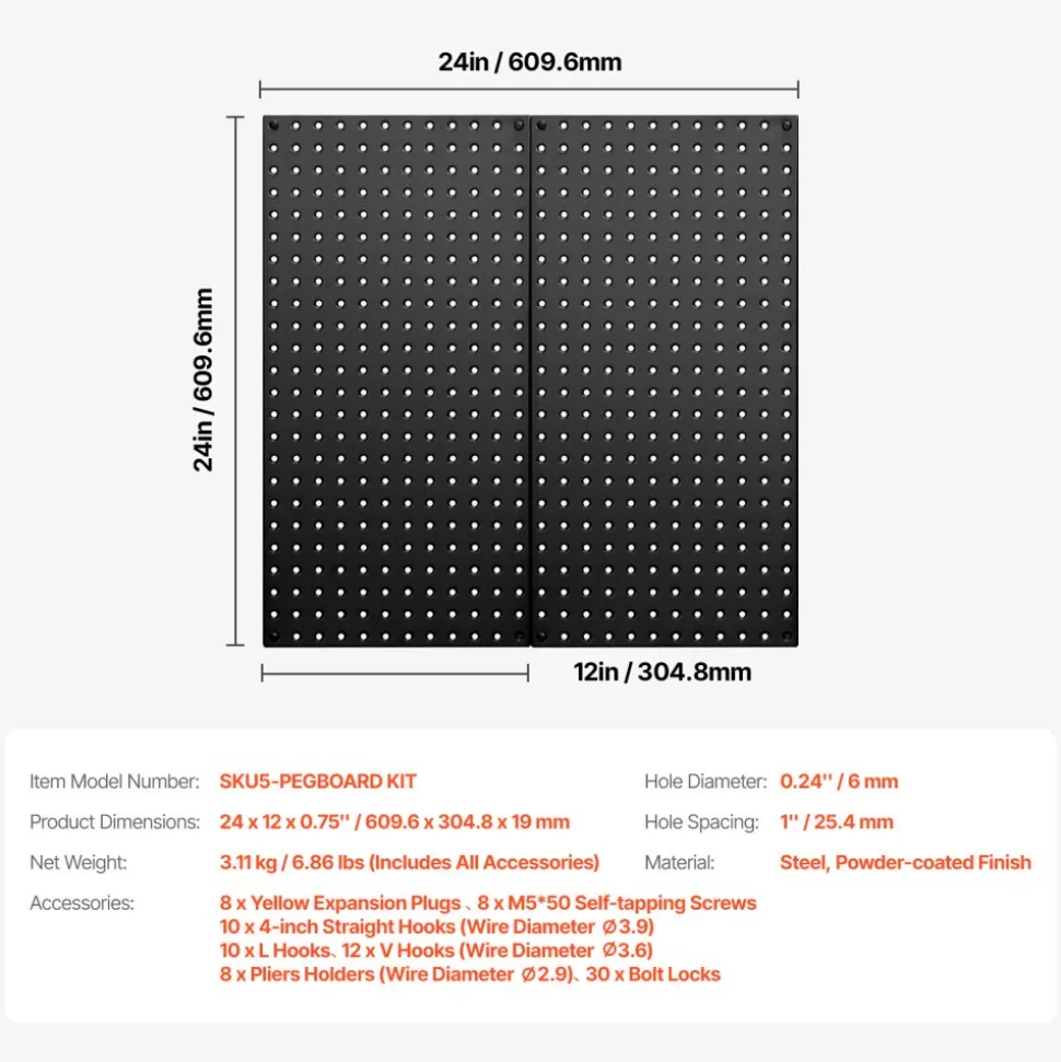 VEVOR Metal Pegboard Panels, 24" x 12" Pegboard, 2 Panels, Heavy Duty Peg Board Wall Organizer with Accessories, for Living Room Garage Tool Storage Office Organization Craft Room Kitchen Home, Black