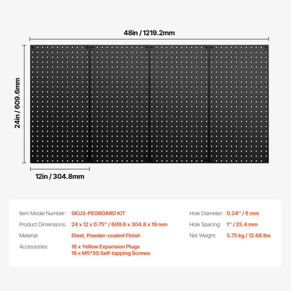 VEVOR Metal Pegboard Panels, 24" x 12" Pegboard, 4 Panels, Heavy Duty Steel Peg Board Wall Organizer, for Living Room Garage Tool Storage Workbench Office Organization Craft Room Kitchen Home, Black
