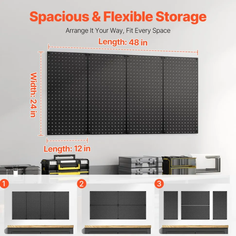 VEVOR Metal Pegboard Panels, 24" x 12" Pegboard, 4 Panels, Heavy Duty Steel Peg Board Wall Organizer, for Living Room Garage Tool Storage Workbench Office Organization Craft Room Kitchen Home, Black