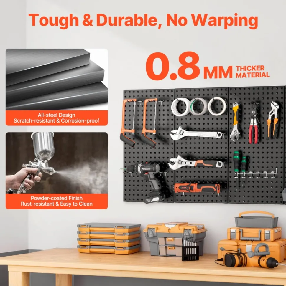 VEVOR Metal Pegboard Panels, 24" x 12" Pegboard, 4 Panels, Heavy Duty Steel Peg Board Wall Organizer, for Living Room Garage Tool Storage Workbench Office Organization Craft Room Kitchen Home, Black