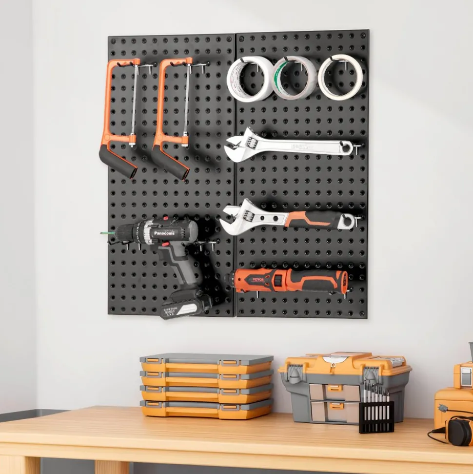 VEVOR Metal Pegboard Panels, 24" x 12" Pegboard, 2 Panels, Heavy Duty Steel Peg Board Wall Organizer, for Living Room Garage Tool Storage Workbench Office Organization Craft Room Kitchen Home, Black
