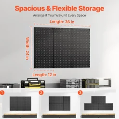 VEVOR Metal Pegboard Panels, 24" x 12" Pegboard, 3 Panels, Heavy Duty Steel Peg Board Wall Organizer, for Living Room Garage Tool Storage Workbench Office Organization Craft Room Kitchen Home, Black