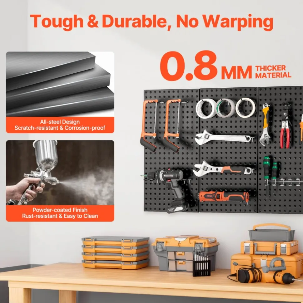 VEVOR Metal Pegboard Panels, 24" x 12" Pegboard, 3 Panels, Heavy Duty Steel Peg Board Wall Organizer, for Living Room Garage Tool Storage Workbench Office Organization Craft Room Kitchen Home, Black