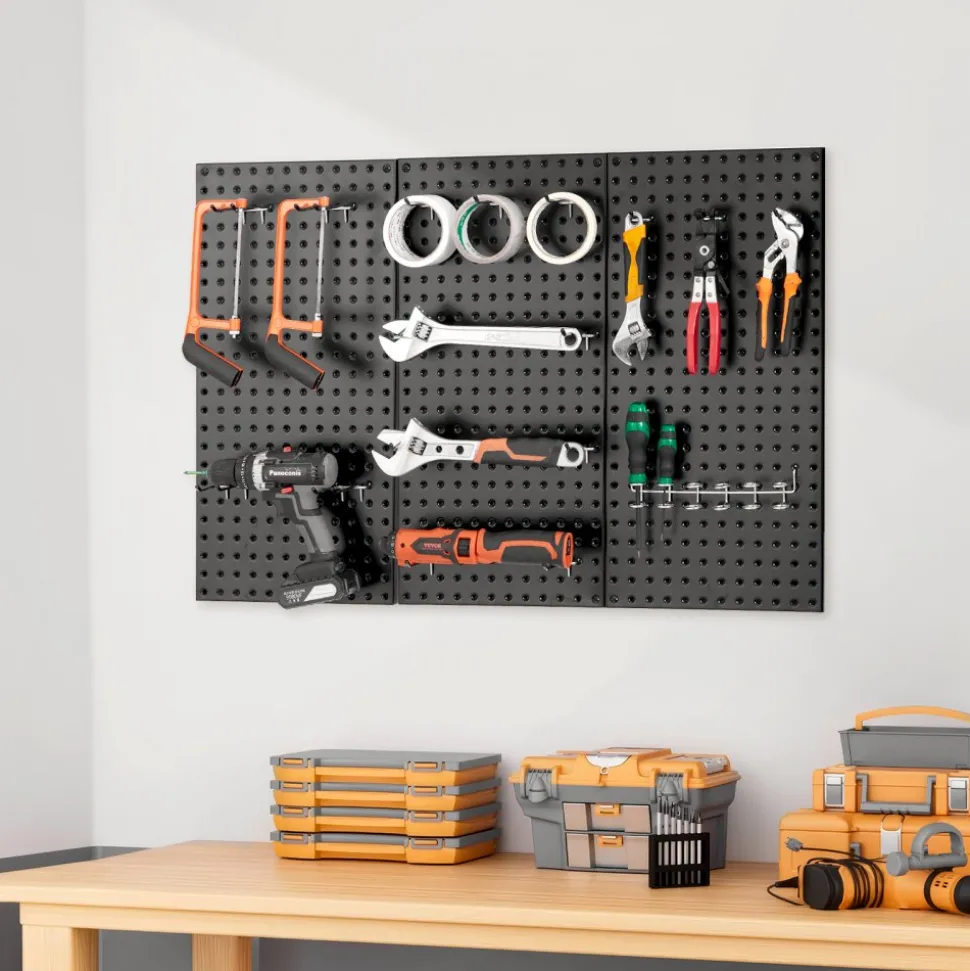 VEVOR Metal Pegboard Panels, 24" x 12" Pegboard, 3 Panels, Heavy Duty Steel Peg Board Wall Organizer, for Living Room Garage Tool Storage Workbench Office Organization Craft Room Kitchen Home, Black