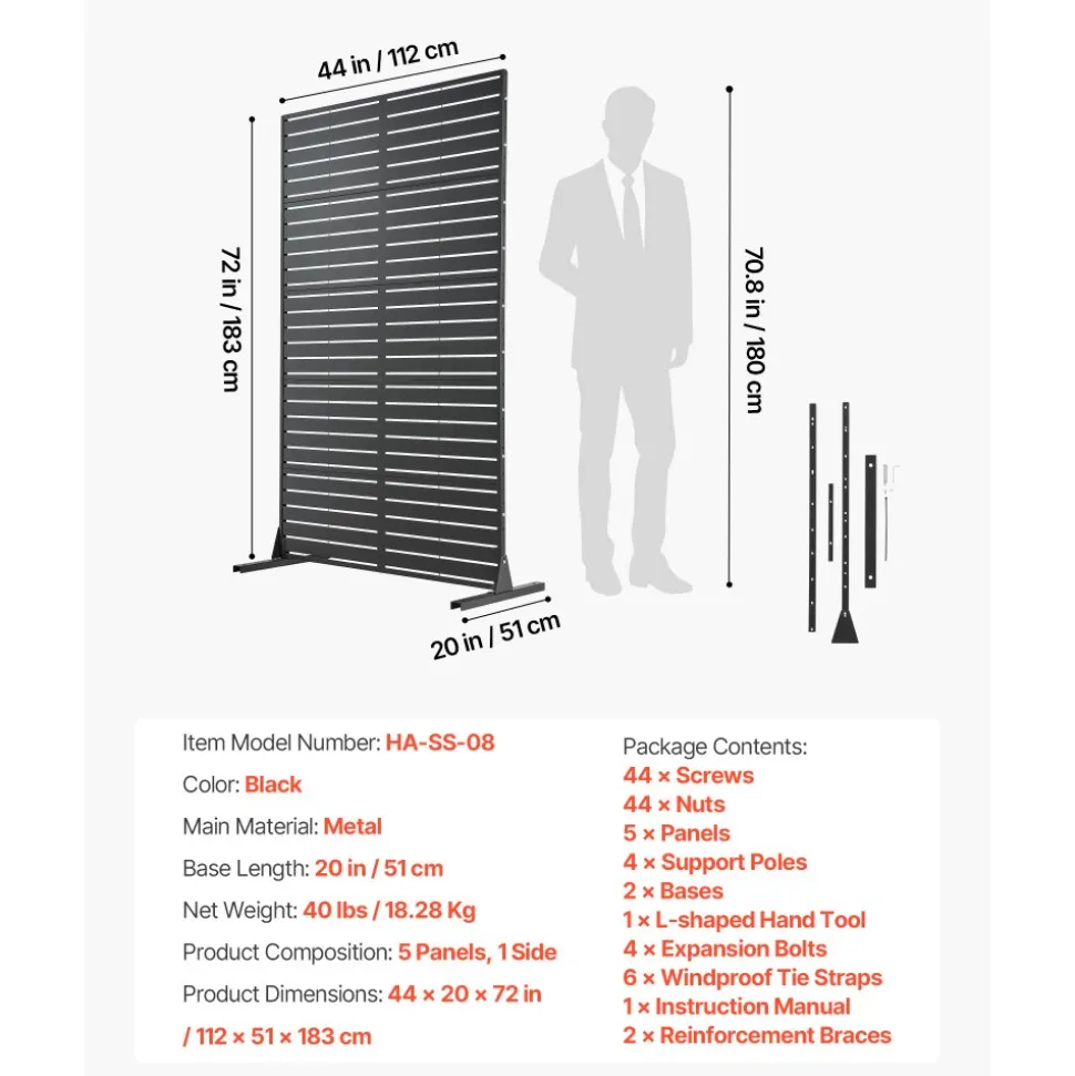VEVOR Metal Privacy Screen, 38" W x 60" H Freestanding Modern Privacy Fence, Garden Divider Panel with Extended Ground Stakes & Panel Height Adjustable, Freestanding Outdoor Divider for Garden, Indoor