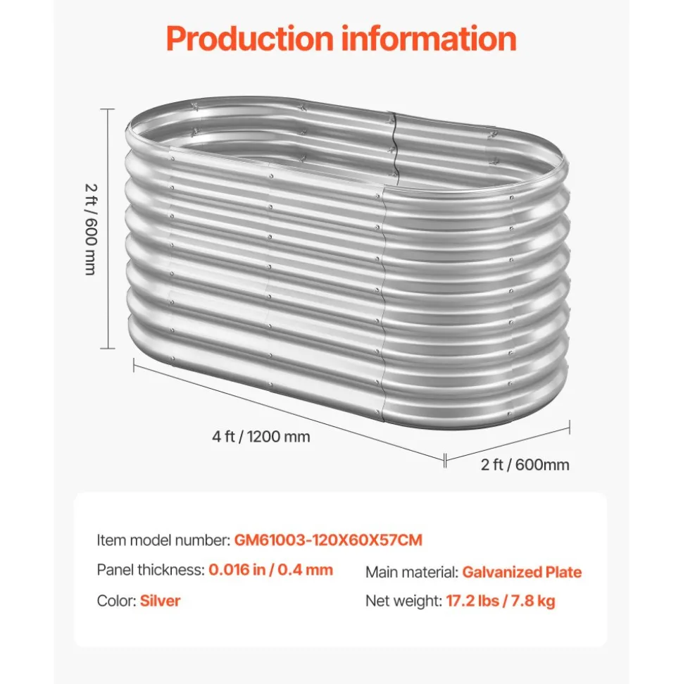 VEVOR Metal Raised Garden Bed, 4 x 2 x 2 ft Oval Outdoor Galvanized Planter Garden Box, Open Bottom Design, Large Planter Raised Bed for Growing Vegetables, Flowers, and Succulents, Galvanized Color