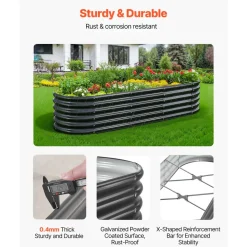 VEVOR Metal Raised Garden Bed, 6.56 x 1.97 x 1.4 ft Oval Outdoor Galvalume Planter Garden Box, Open Bottom Design, Large Planter Raised Bed for Growing Vegetables, Flowers, Succulents, Dark Gray