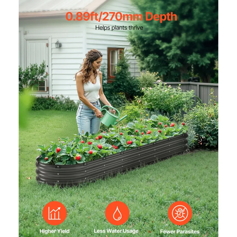 VEVOR Metal Raised Garden Bed, 8 x 2 x 1 ft Outdoor Galvanized Planter Box, with Open Bottom, Large Oval Planter Raised Bed for Gardening Vegetables, Flowers, Herbs, and Succulent Plants, Dark Gray