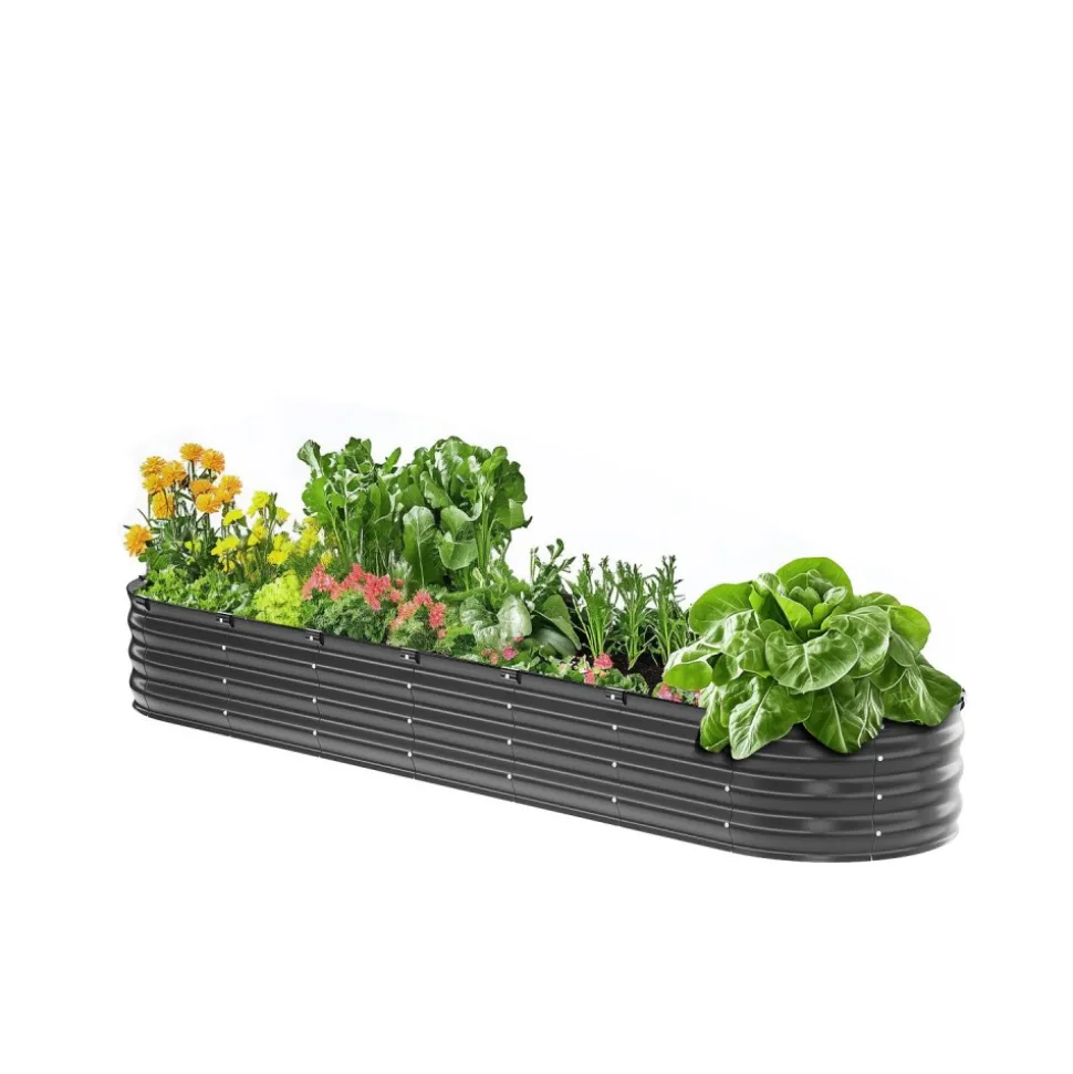 VEVOR Metal Raised Garden Bed, 8 x 2 x 1 ft Outdoor Galvanized Planter Box, with Open Bottom, Large Oval Planter Raised Bed for Gardening Vegetables, Flowers, Herbs, and Succulent Plants, Dark Gray