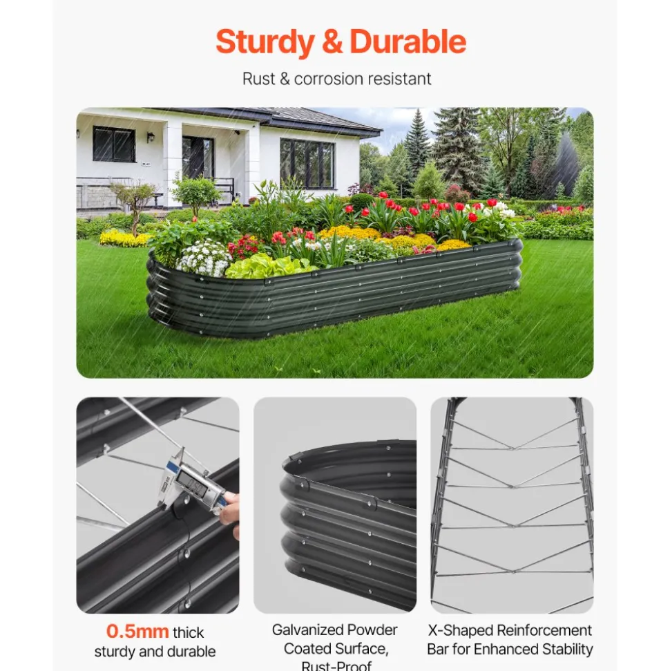 VEVOR Metal Raised Garden Bed, 8 x 2 x 1 ft Outdoor Galvanized Planter Box, with Open Bottom, Large Oval Planter Raised Bed for Gardening Vegetables, Flowers, Herbs, and Succulent Plants, Dark Gray