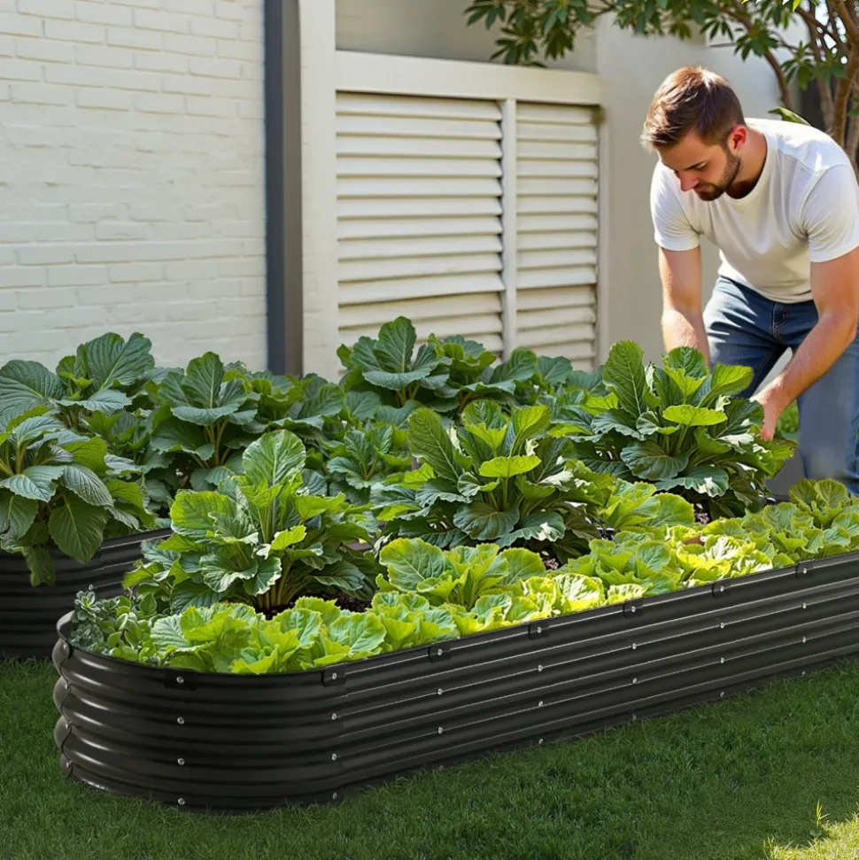 VEVOR Metal Raised Garden Bed, 8 x 2 x 1 ft Outdoor Galvanized Planter Box, with Open Bottom, Large Oval Planter Raised Bed for Gardening Vegetables, Flowers, Herbs, and Succulent Plants, Dark Gray