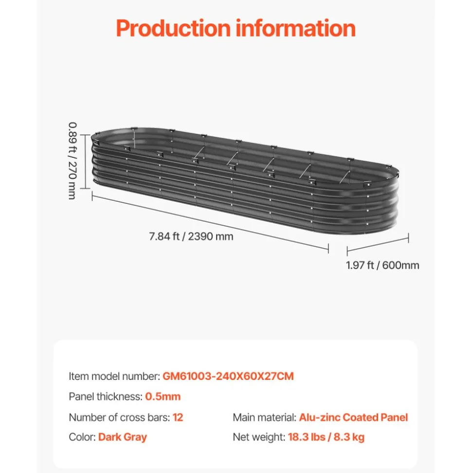 VEVOR Metal Raised Garden Bed, 8 x 2 x 1 ft Outdoor Galvanized Planter Box, with Open Bottom, Large Oval Planter Raised Bed for Gardening Vegetables, Flowers, Herbs, and Succulent Plants, Dark Gray