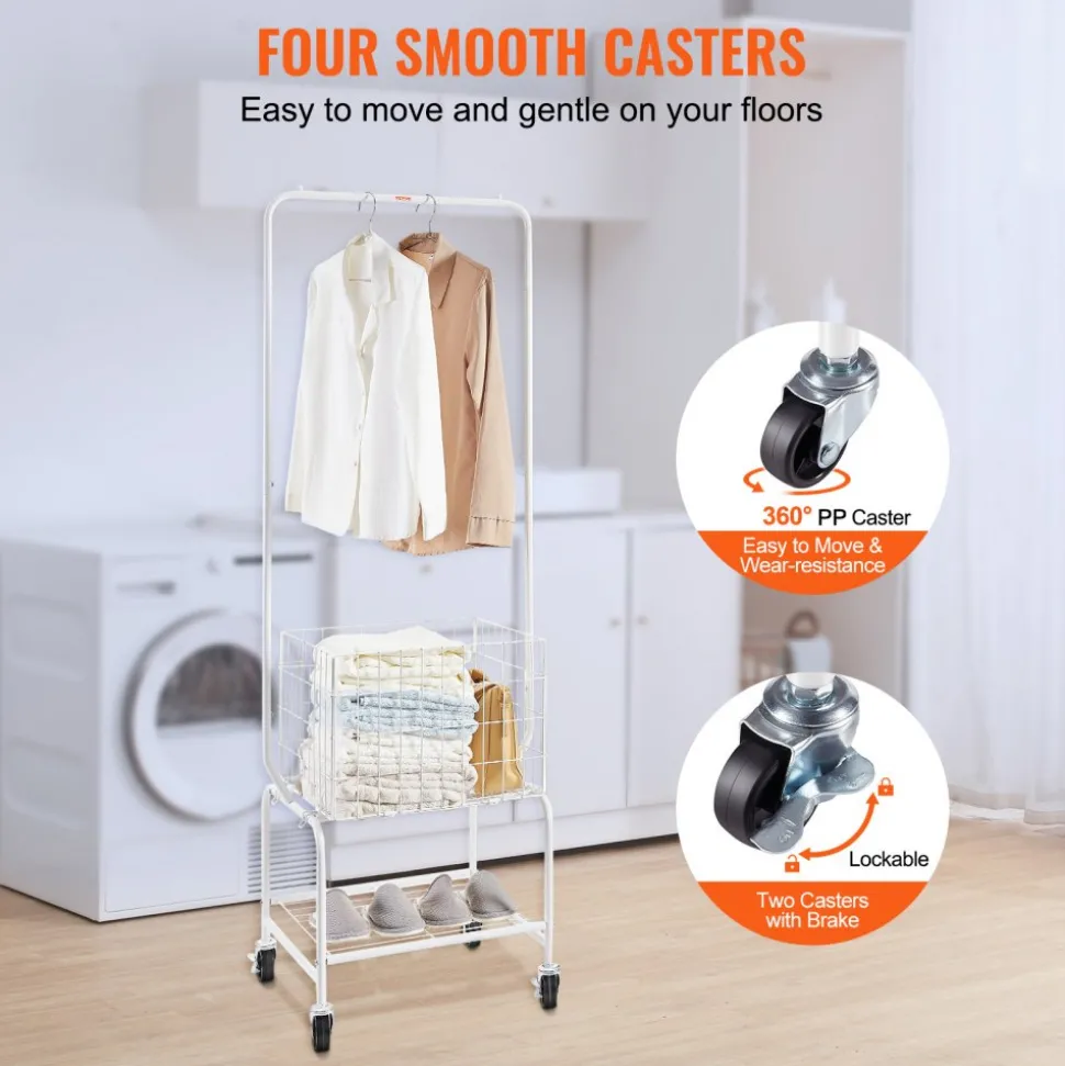 VEVOR Metal Rolling Laundry Basket with Hanging Garment Rack, Height Adjustment Laundry Hamper Cart with Basket Load and Shelf Load, Storage Organizer with Heavy Duty Lockable Wheels