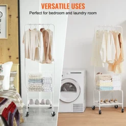 VEVOR Metal Rolling Laundry Basket with Hanging Garment Rack, Height Adjustment Laundry Hamper Cart with Basket Load and Shelf Load, Storage Organizer with Heavy Duty Lockable Wheels